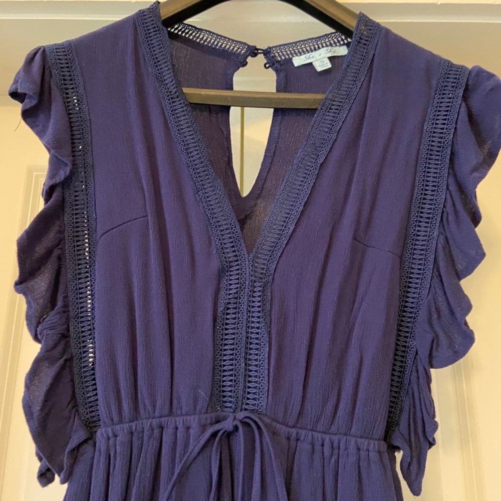 Navy Blue Ruffle Romper - Picture 2 of 4